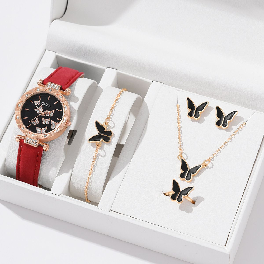 Часы наручные женские с браслетом, цепочкой с кулоном, серьгами и кольцом  #1