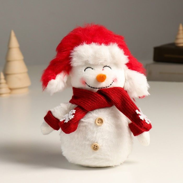 Кукла интерьерная "Снеговик в красной шапке ушанке-колпаке" 19 см  #1
