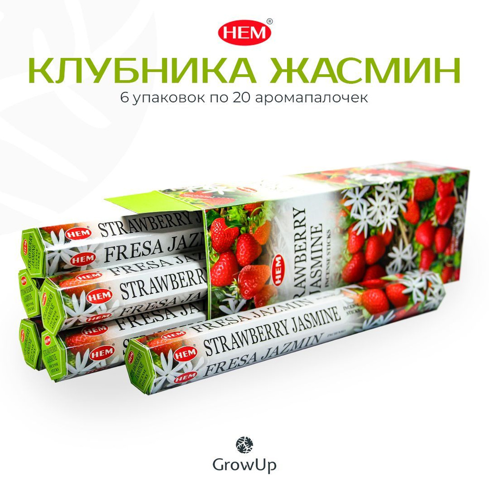 HEM Клубника Жасмин - 6 упаковок по 20 шт - ароматические благовония, палочки, Strawberry Jasmine- Hexa #1