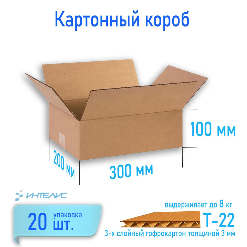 Картонный короб 300х200х100, картон Т-22. Упаковка из 20 штук. #1