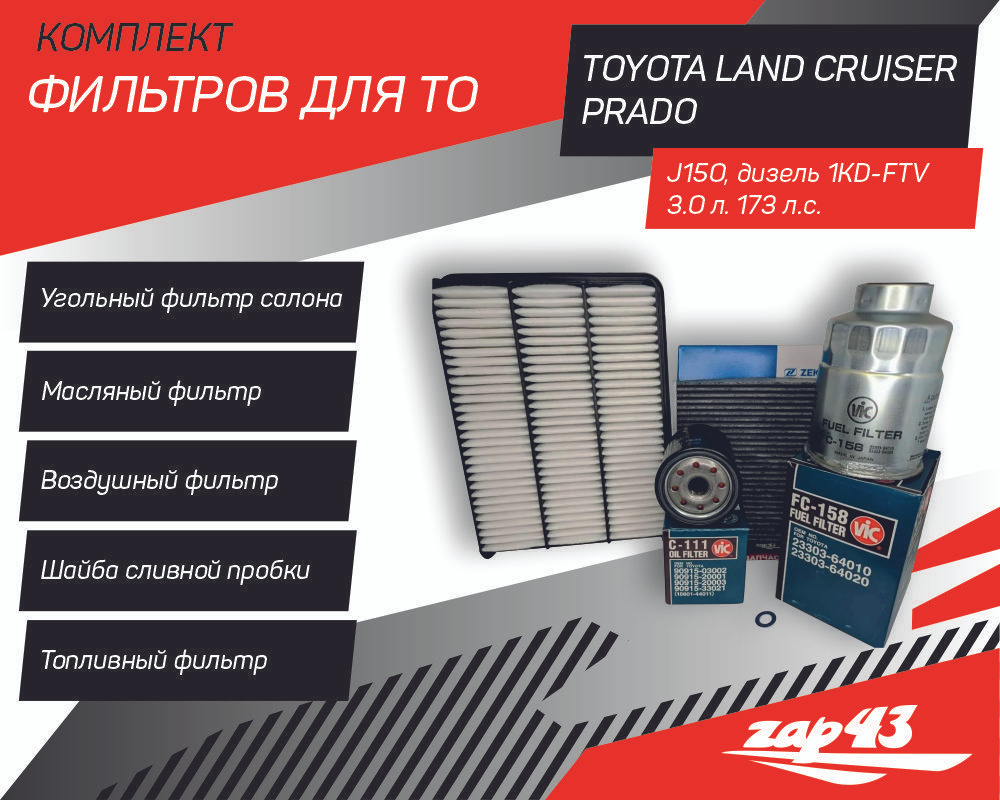 Комплект фильтров для ТО на Toyota Land Cruiser Prado J150 1KD-FTV 3.0 л. (дизель)  #1