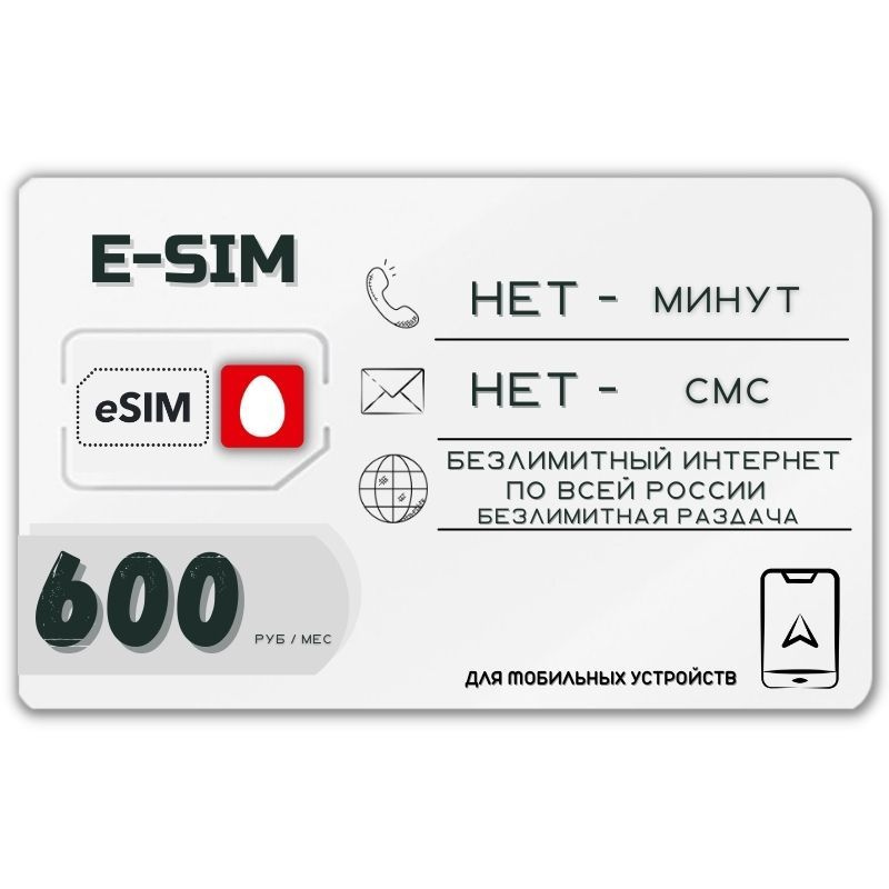 SIM-карта Сим карта ESIM Безлимитный интернет 600 руб. гб в месяц + РАЗДАЧА для мобильных устройств FED2SM #1