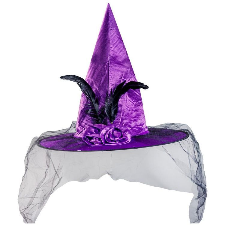 Карнавальная атласная шляпа Ведьмы Фиолетовая Колпак Хэллоуин Halloween Карнавальные аксессуары  #1