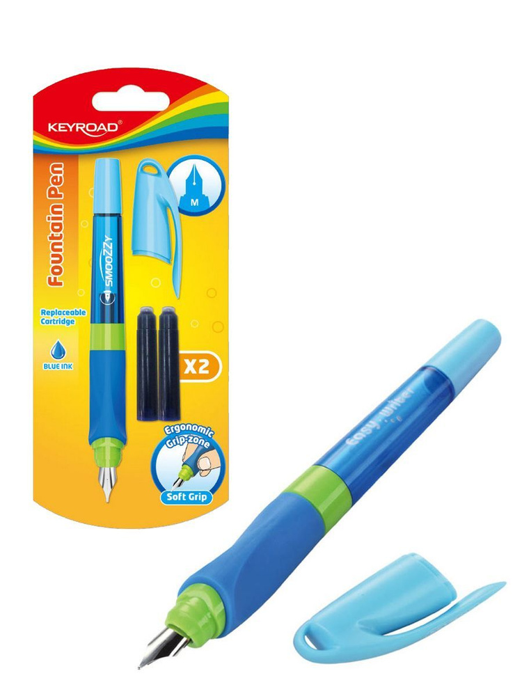 Ручка перьевая KEYROAD Smoozzeс, М, углубления для пальцев, 2 запасных картриджа, корпус синий, блистере #1