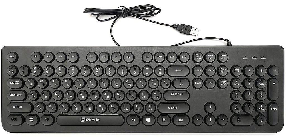 Клавиатура тонкая тихая проводная USB Oklick 400MR черный, slim, мембранная, круглые клавиши, русская/английская, #1