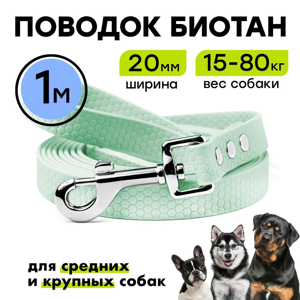 Поводок биотановый 1 м, ширина 20 мм, Woofy "Geksa ", для крупных и средних собак, водостойкий, мятный #1