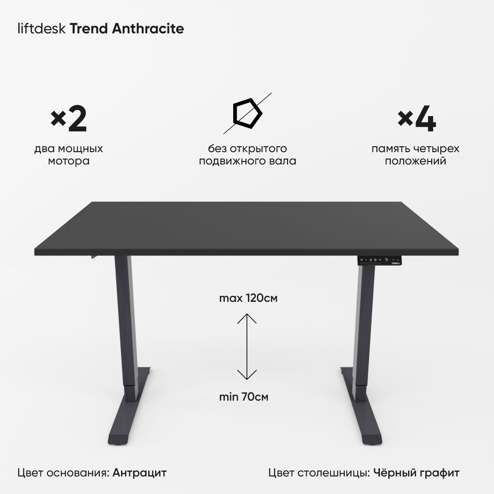 Компьютерный стол с регулировкой высоты для работы стоя сидя 2-х моторный liftdesk Trend Антрацит/Черный #1