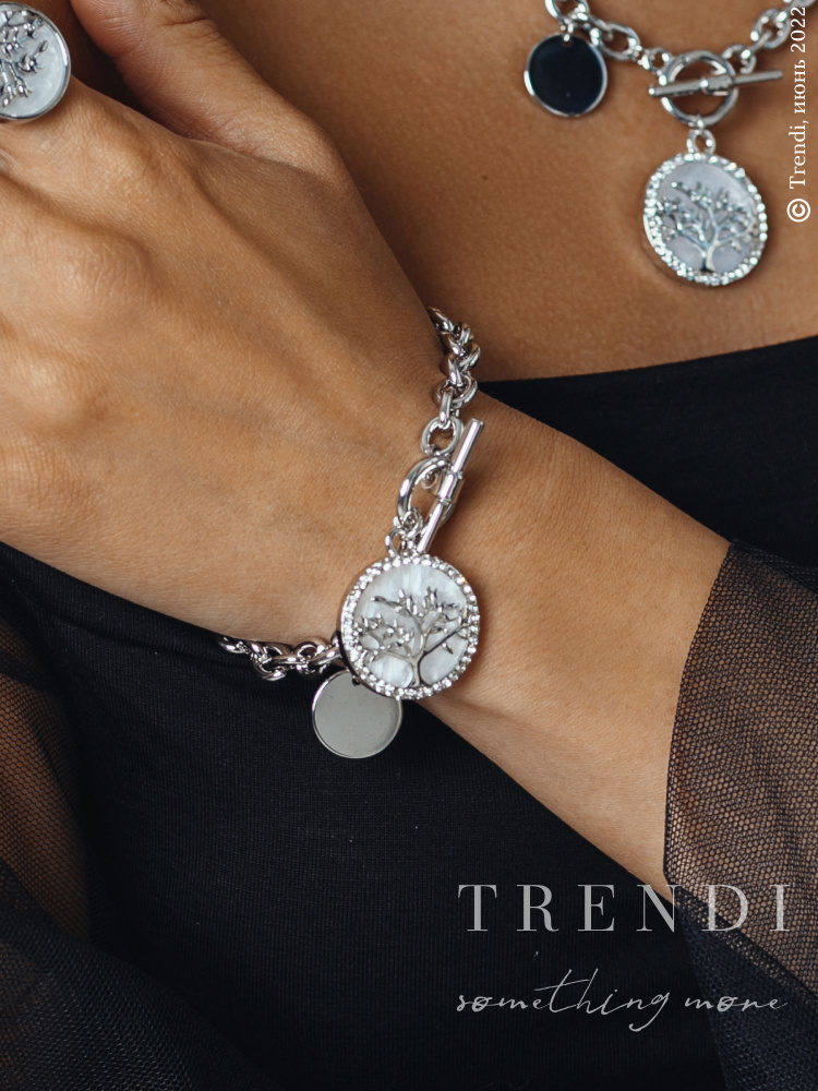 Браслет на руку женский Trendi подвеска - белый медальон дерево со стразами под серебро  #1