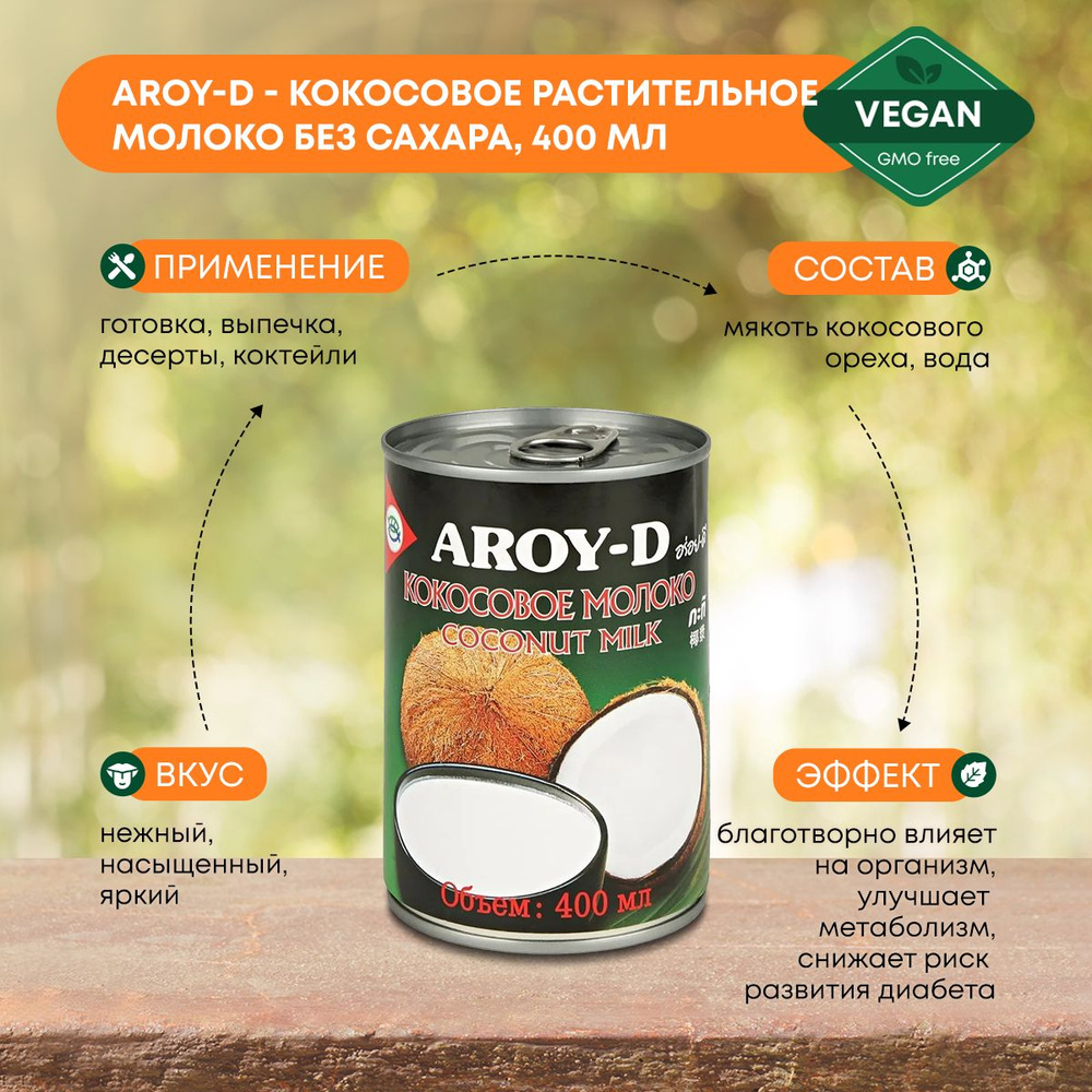 Кокосовое растительное молоко Aroy-D без сахара, заменитель молока, натуральное, ж/б 400мл  #1