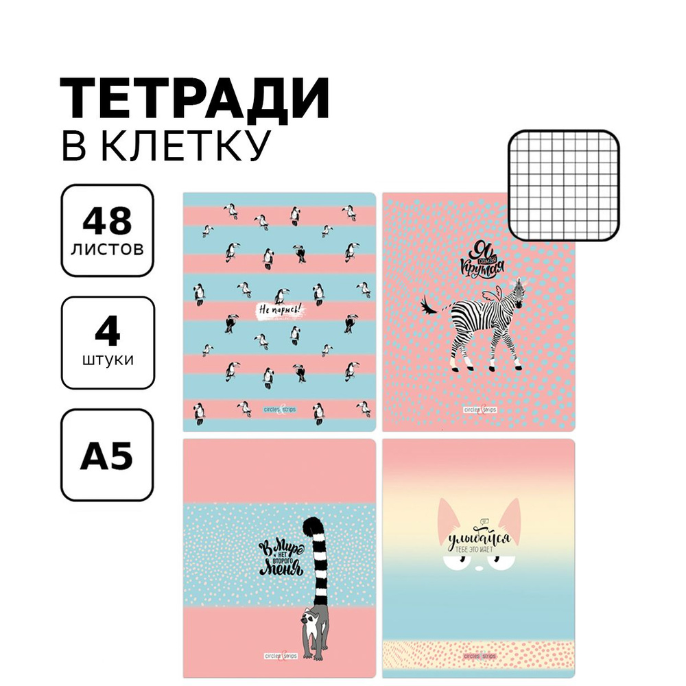 Тетради для школы в клетку 48 листов , Комплект/набор школьных тетрадей 4 штуки BG "Circles&strips" общие #1