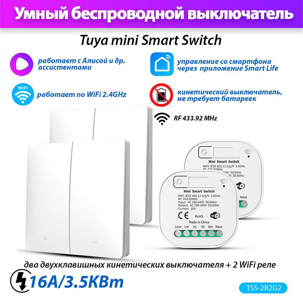 Умный выключатель Tuya Smart Switch TSS-2R2G2 (2 реле Wi-Fi + 2 кинетических двойных выключателя) Работает #1