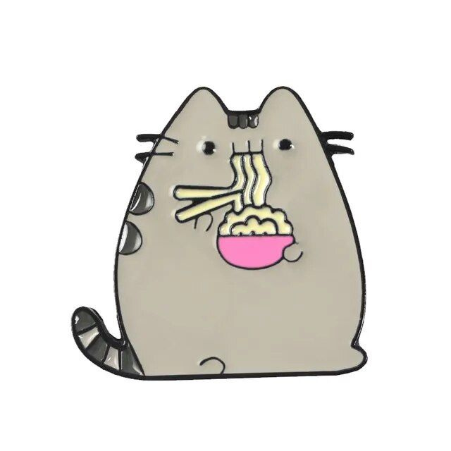 Значок брошь металлический Кот Пушин Pusheen ест лапшу #1