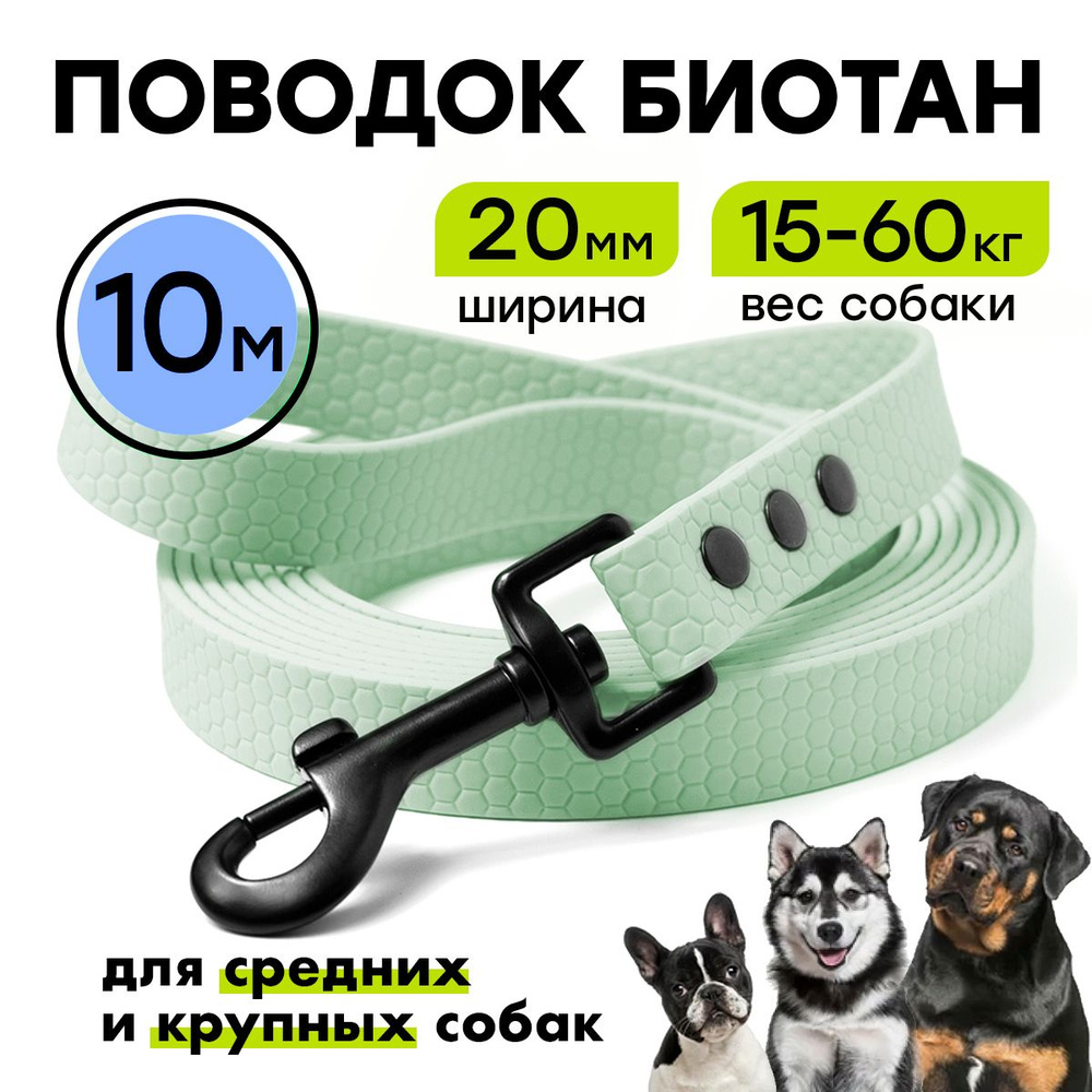 Биотановый поводок 10 м, ширина 20 мм, Woofy "Iron ", прорезиненный, водостойкий, мятный  #1