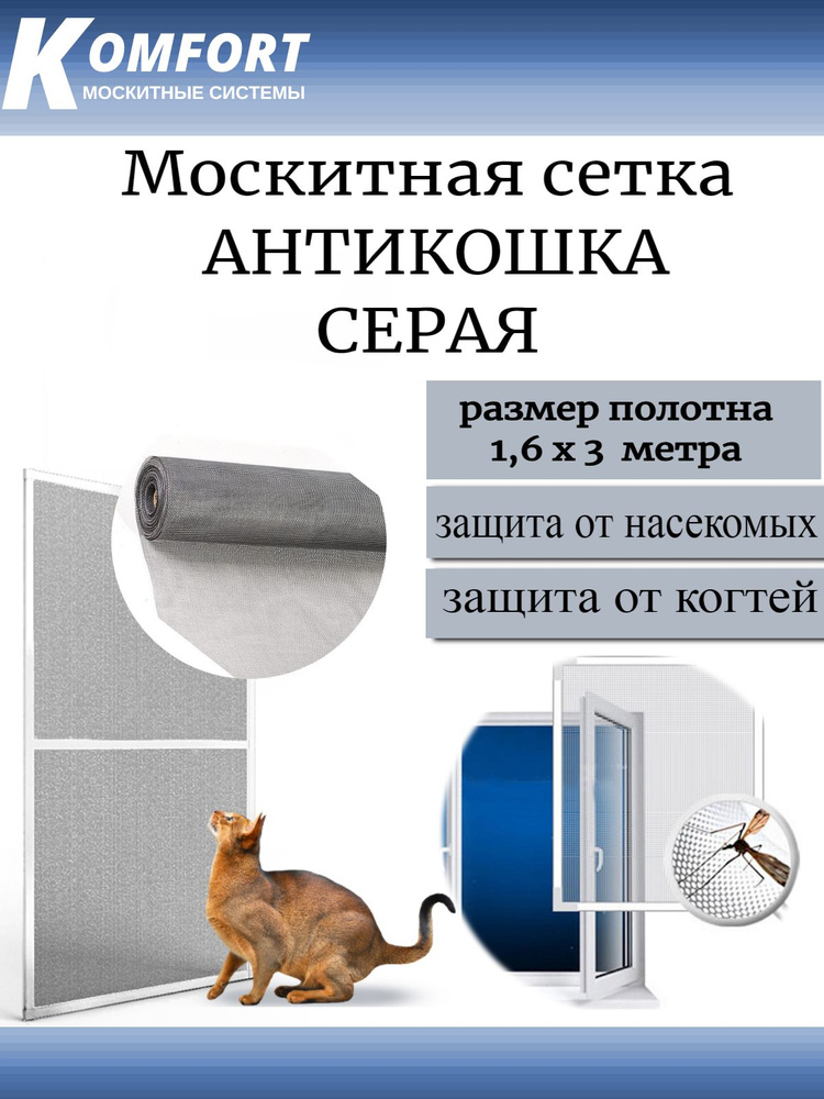 Москитная сетка Антикошка PetScreen серая полотно 1,6*3 м #1