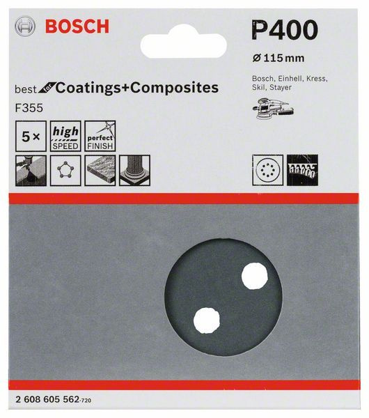 Шлифовальные листы Bosch F355 Best for Coatings+Composites 8 отв. 115 К400, 5 шт 2608605562  #1