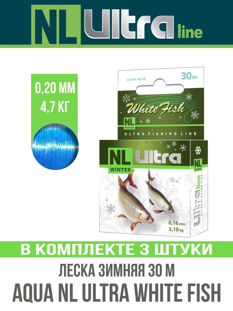 Леска зимняя для рыбалки AQUA NL ULTRA WHITE FISH (Белая рыба) 30m 0,20mm, цвет - светло-голубой, test #1