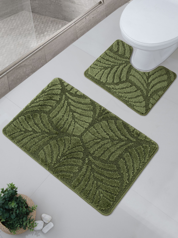 Набор ковриков MALDIV темно-зеленый для ванной комнаты и туалета с вырезом под унитаз 40x50+50x80 см #1