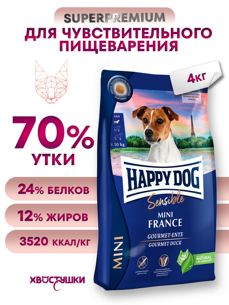 Корм Happy Dog Mini France для собак мелких пород при пищевой аллергии, беззерновой, с уткой 4кг  #1