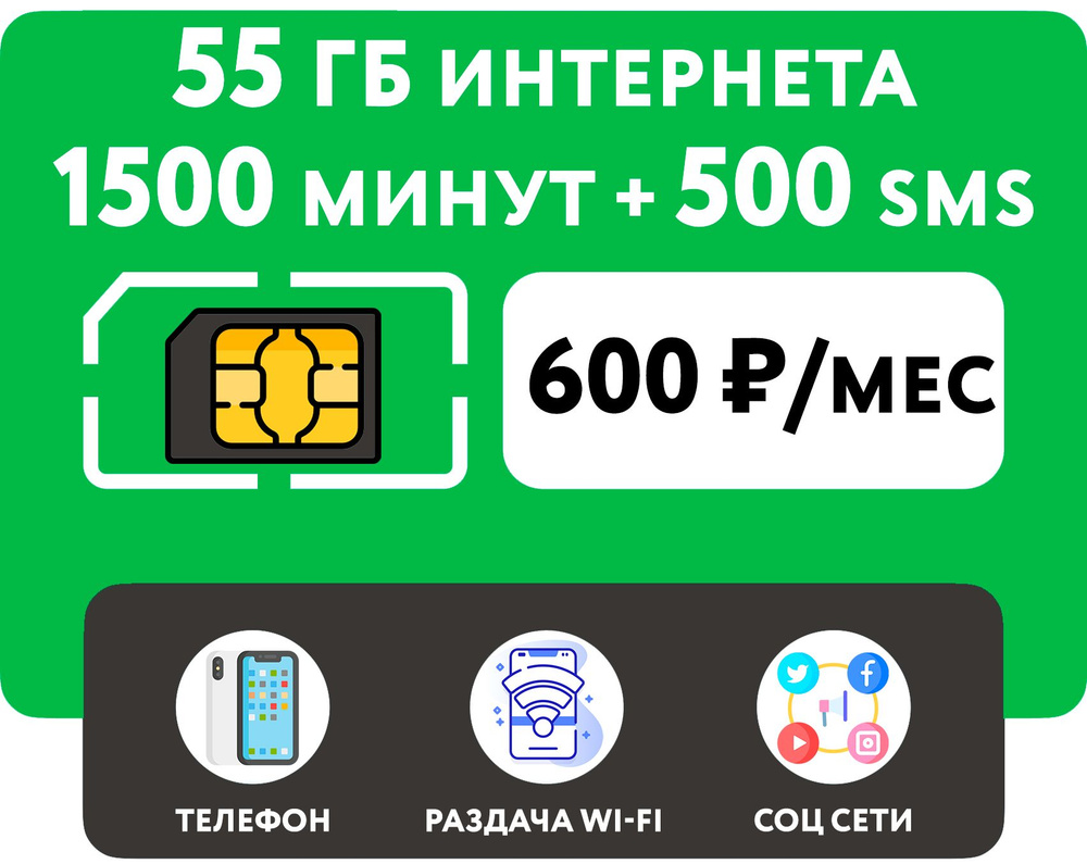 WHYFLY SIM-карта SIM-карта 1500 минут + 55 гб интернета 3G/4G + 500 СМС за 600 руб/мес (смартфон) + безлимит #1