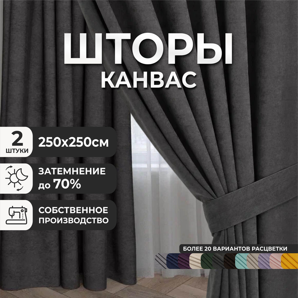 Комплект штор для комнаты, 500х250 (2 шт по 250х250), однотонные Блэкаут, портьеры серые темные канвас, #1