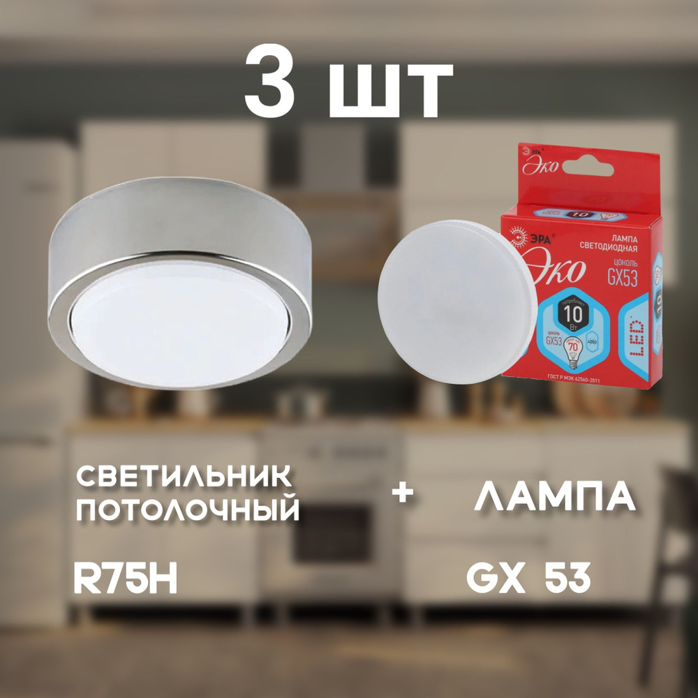 Потолочный светильник хром СВЕТКОМПЛЕКТ R75H CHR + Лампочка ЭРА GX53 10W 4000K  #1