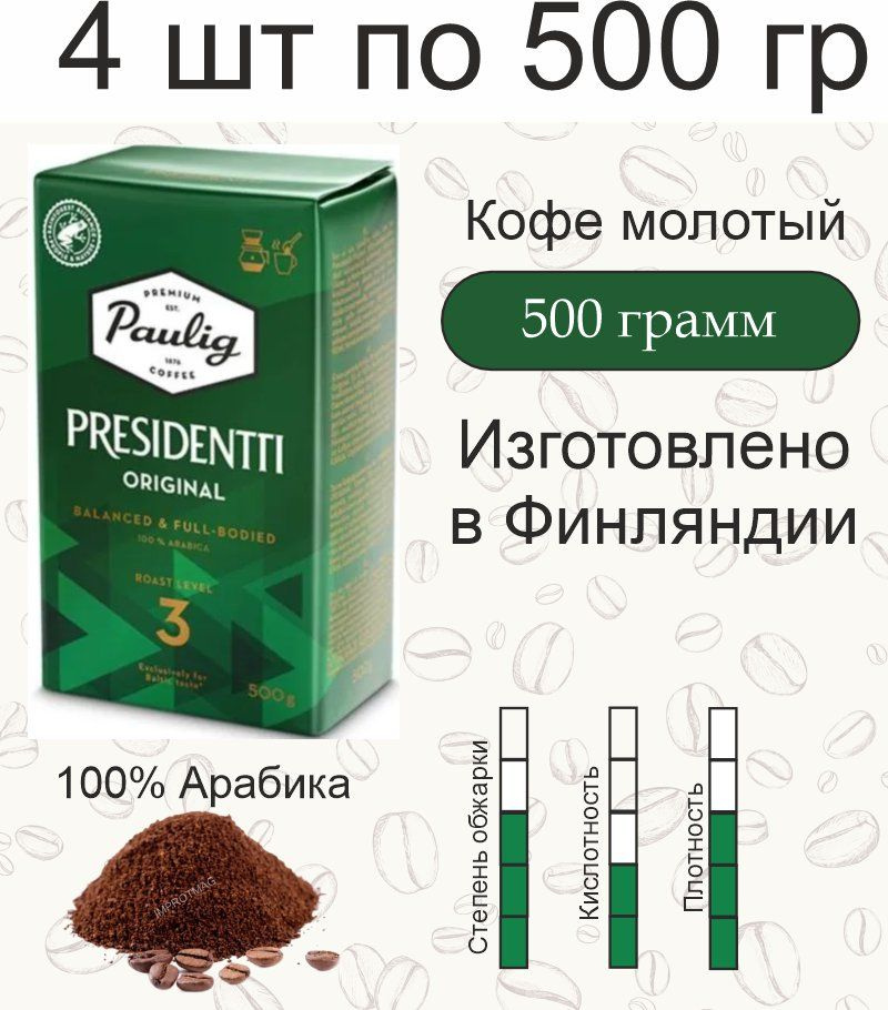 4 пачки по 500 гр. Кофе молотый Paulig Presidentti Originale обжарка 3, (2000 гр.) Финляндия  #1