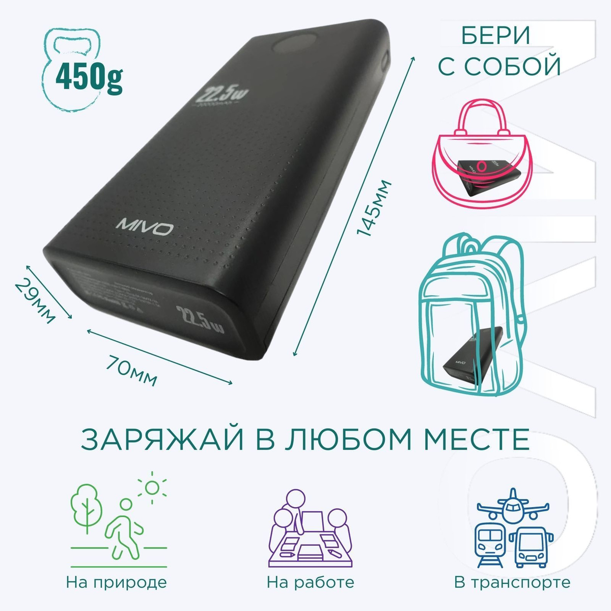 Возьми его с собой. Довольно компактный и лёгкий PowerBank для своей емкости. Отлично подходит для длительных поездок, походов, путешествий или просто для прогулок.