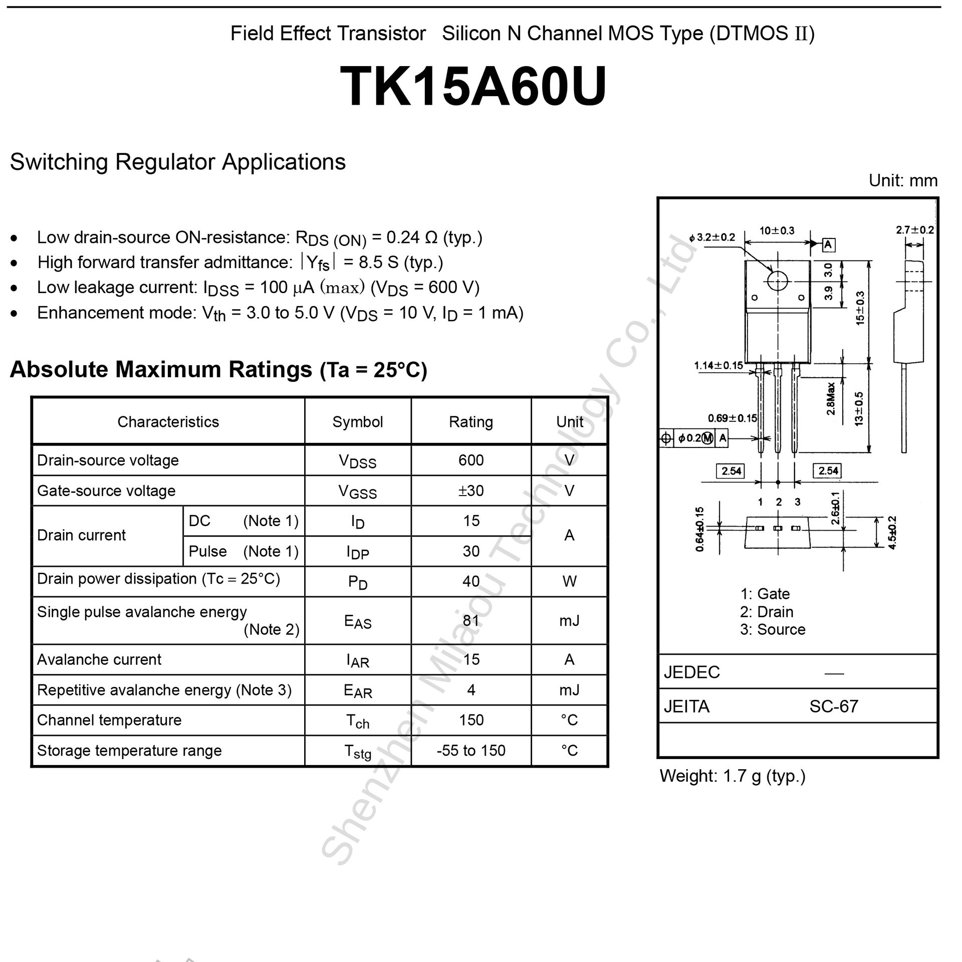 Transistor MOSFET 2SK2545 TO-220 N-Channel 600V 6A - Lot De 2 Pièces, Toshiba, Pour électronique