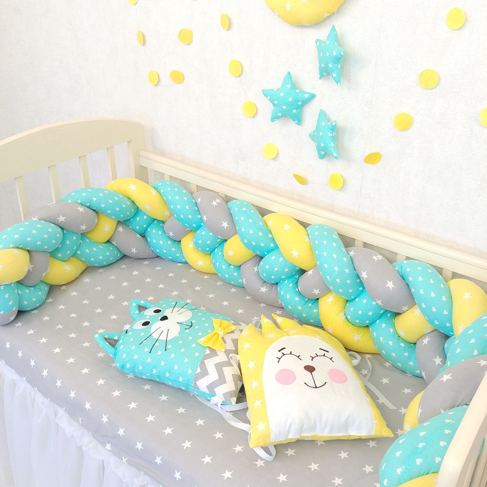 Бортик коса из хлопка 220 см. в детскую кроватку для новорожденного Желтый, зеленый. "Полянка"  #1
