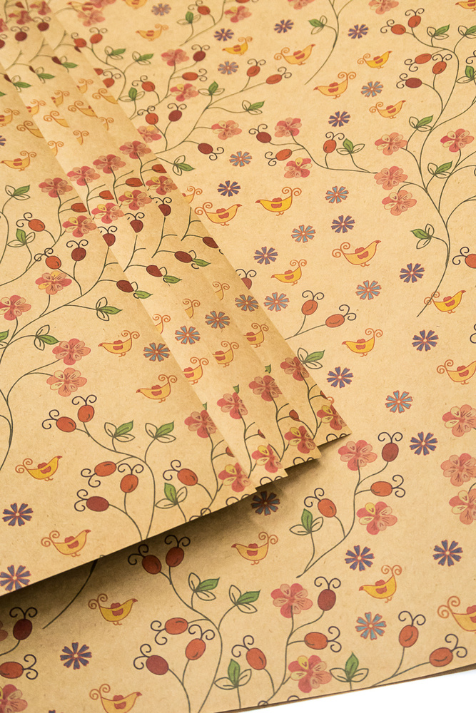 Бумага упаковочная подарочная крафт "цветы фолк", в наборе 4 листа 70х100см, Т-Пак  #1