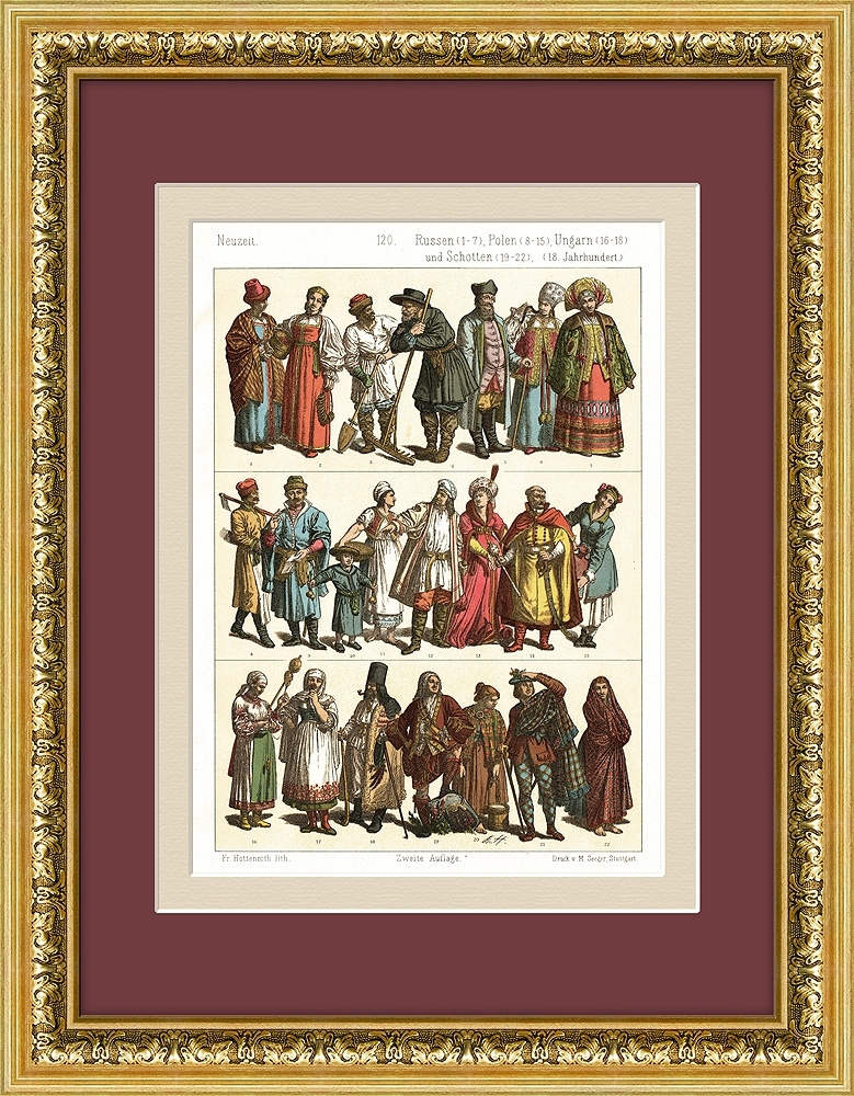 Средневековые костюмы разных сословий в России, Польше, Венгрии и Шотландии. Хромолитография, 1888 г. #1