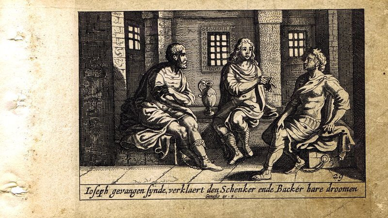 Антикварная резцовая гравюра, офорт. Ветхий Завет. Иосиф в темнице. Нидерланды, 1659 год  #1
