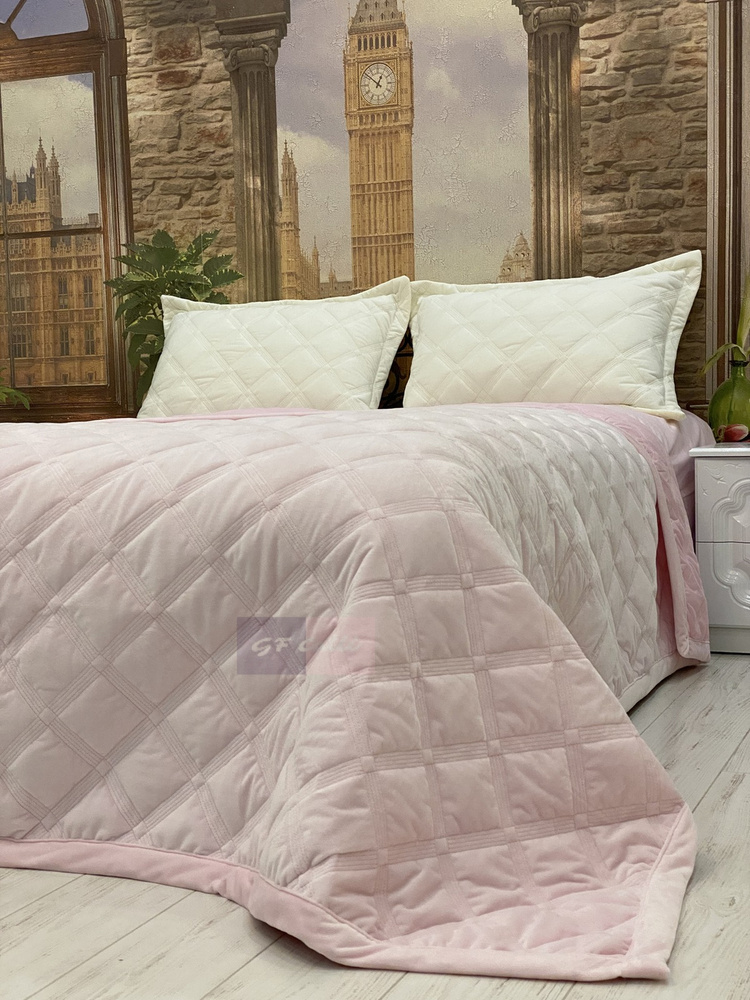Велюровое стеганое покрывало на кровать 160х220 Square GF CALLI (Бледно-розовый)  #1