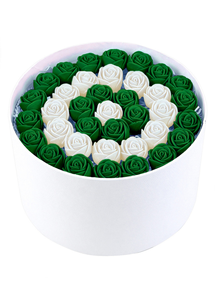 Шоколадные розы CHOCO STORY - 37 шт. в Белой шляпной коробке, Белый и Зеленый Бельгийский шоколад - круглый #1