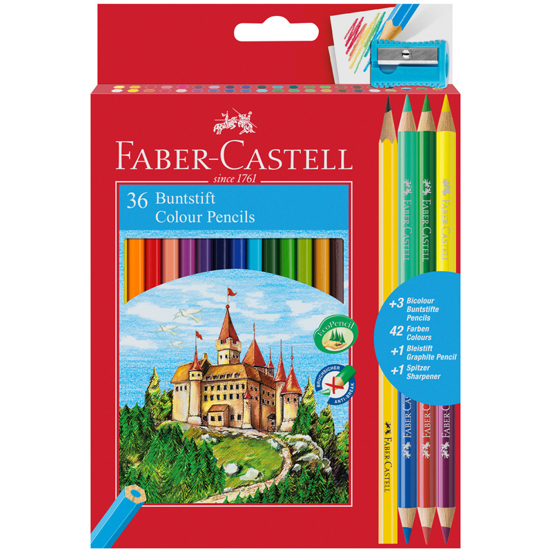 Карандаши цветные Faber-Castell "Замок", 36цв., шестигр., заточ.+6цв.+ч/г кар.+точилка, картон, европодвес #1