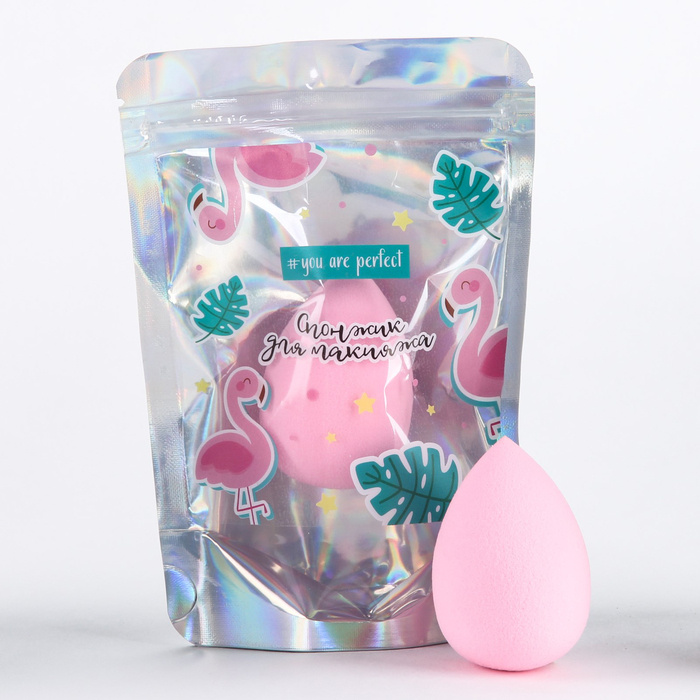 Cпонж для макияжа в голографическом пакете "Розовый фламинго"  #1