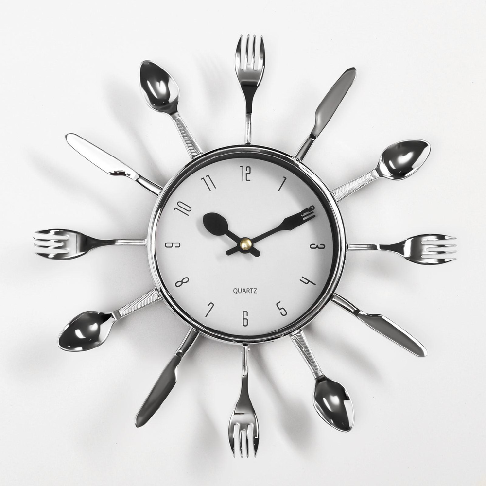 Часы настенные, серия: Кухня, "Вилки, ложки, поварешки", хром, белый циферблат, d-25 см  #1