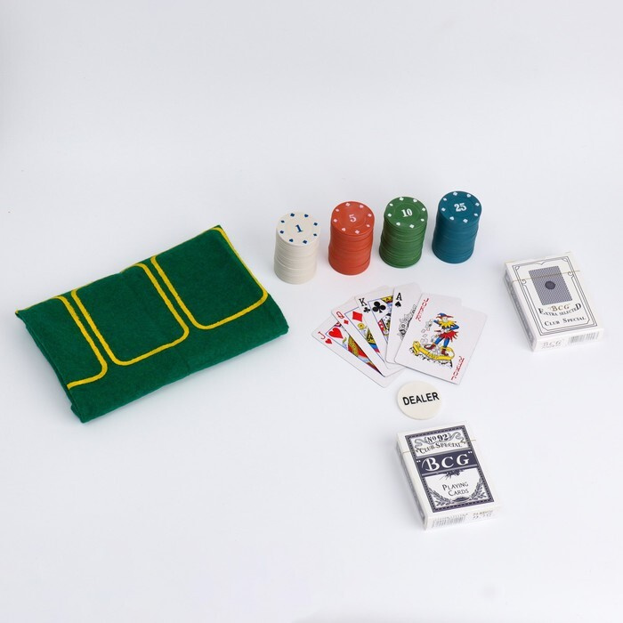 Покер, набор для игры, карты 2 колоды, фишки с номин, 100 штук, сукно 40х60 см  #1