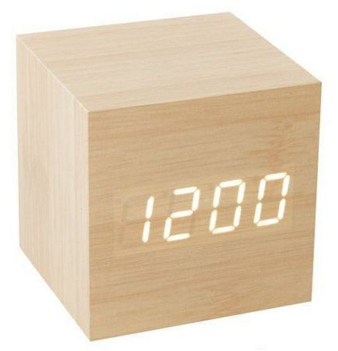 Настольные электронные часы Деревянный куб. Будильник, температура, работа от батареек и сети. Бежевые #1