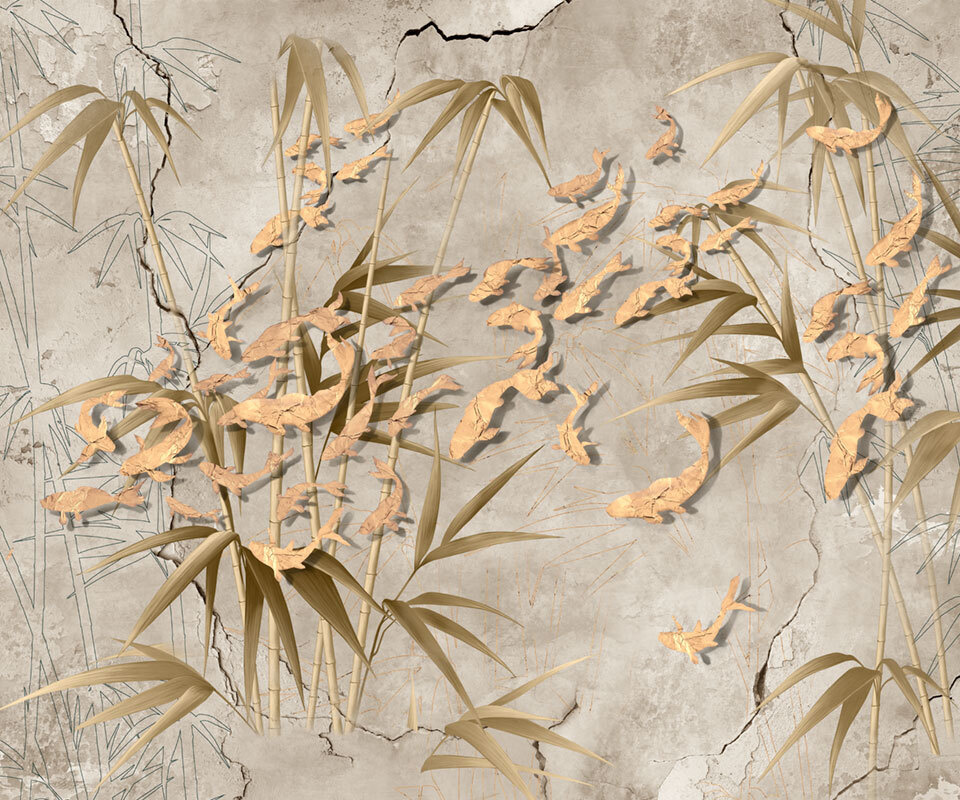 Фотообои флизелиновые на стену 3д GrandPik 17149 "Золотые рыбки в бамбуке", (ШхВ) 300х250 см  #1