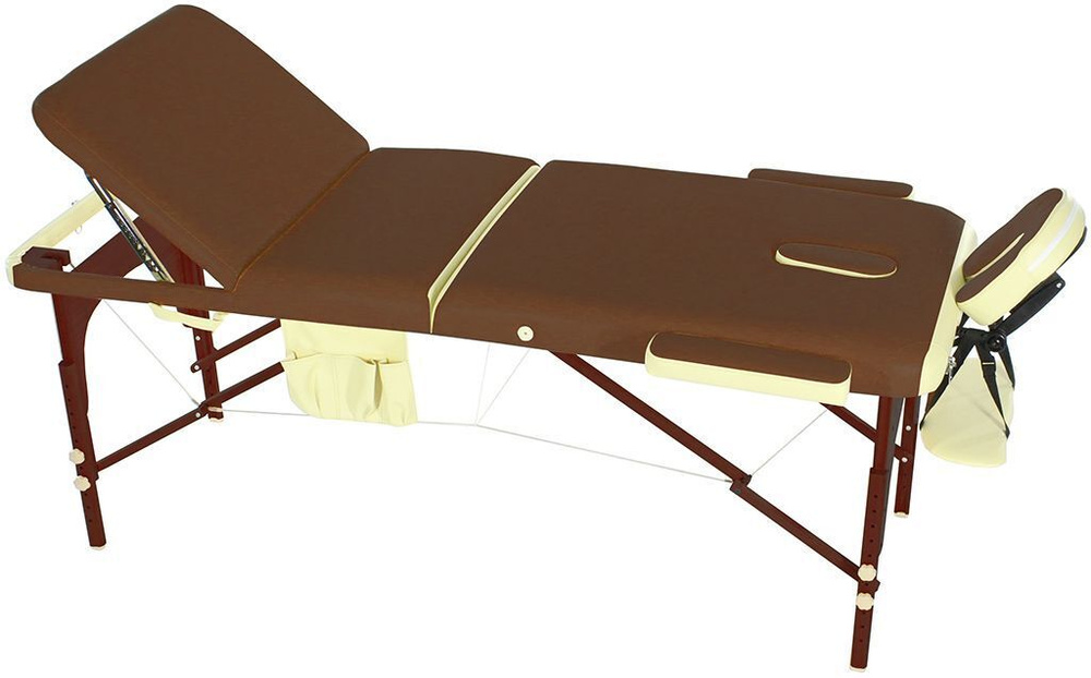 Массажный стол Мед-Мос JF-AY01, 3-секционный, складной, с деревянной рамой, коричневый/кремовый, кушетка #1