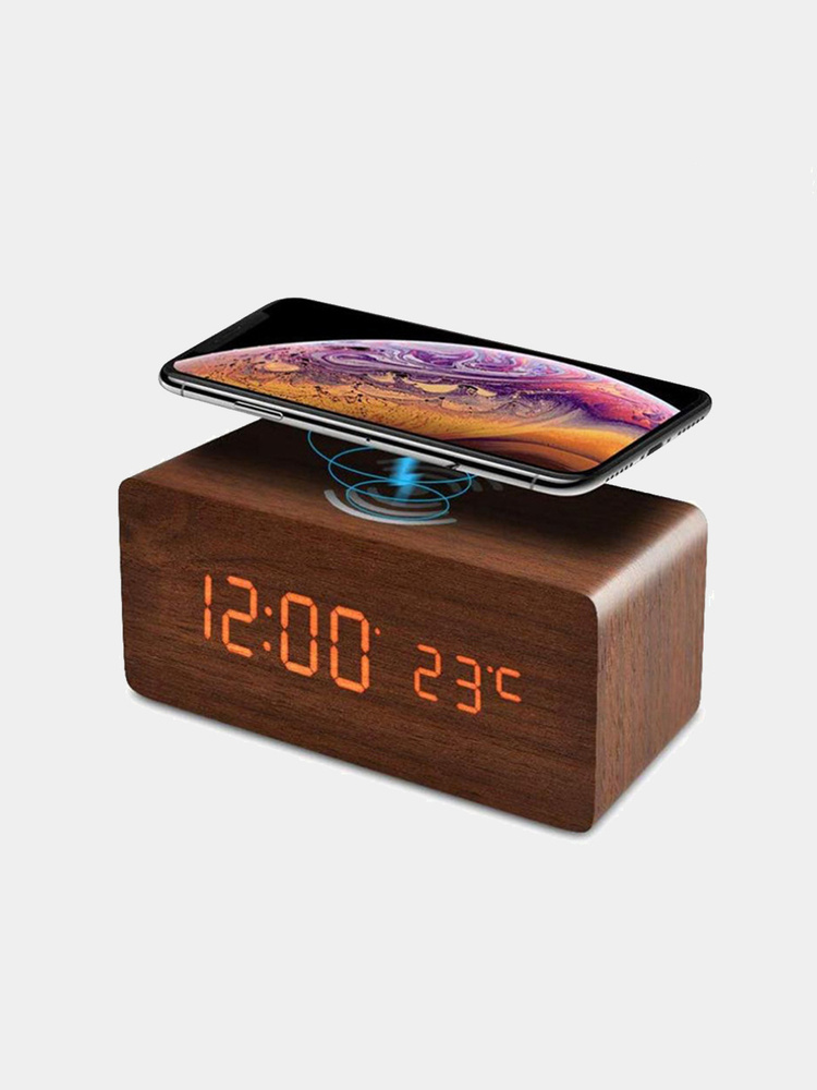 Деревянный настольный прикроватный часы-будильник/ беспроводная зарядка/ термометр, звуковое управление, #1