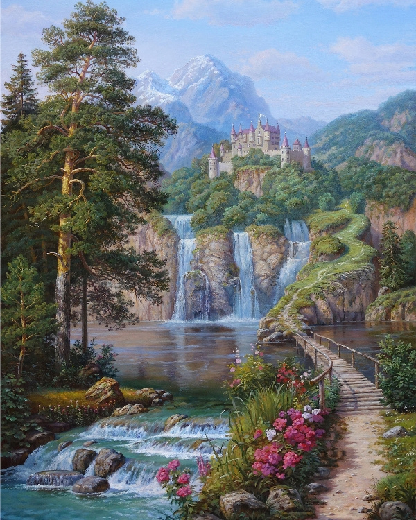 Картина по номерам на холсте с подрамником 40х50 Пейзаж с замком (худ. Потапов В.) Водопад Речка Лес #1