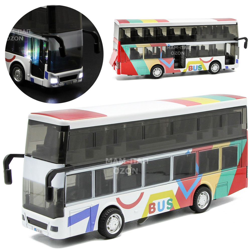 Автобус двухэтажный металлический, инерционный "Веселый турист" 20 см. А6631А, свет, звук / Красный  #1