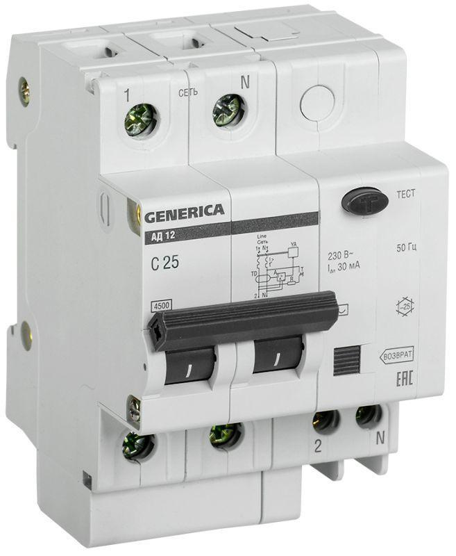 Выключатель автоматический дифференциального тока 2п 25А 30мА АД12 GENERICA MAD15-2-025-C-030  #1