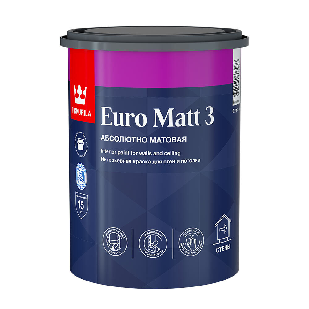 Краска водно-дисперсионная интерьерная Tikkurila EURO MATT 3 белая основа А 0,9 л  #1