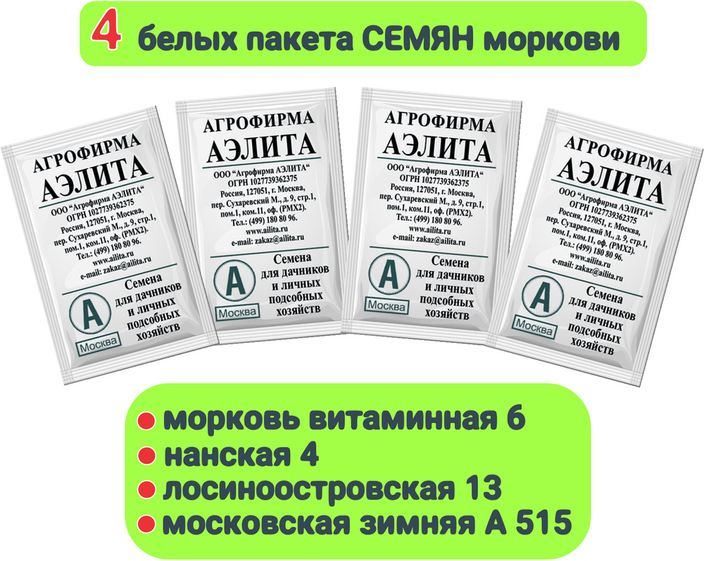 НАБОР СЕМЯН 4 пакета МОРКОВЬ Нантская 4, Витаминная 6, Лосиноостровская 13, Московская зимняя А 515, #1