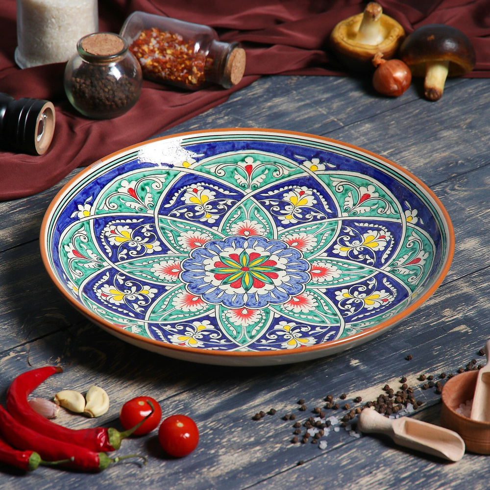 Ляган, блюдо для плова Шафран "Риштанская Керамика", круглый, диаметр 32 см  #1