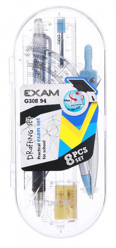 Набор для черчения/Готовальня Deli EG30894 Exam корпус голубой прозрачный, пластик, в комплекте: линейка #1