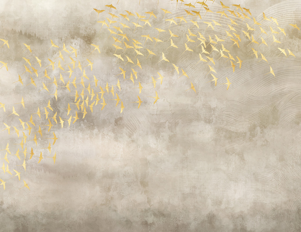 Фотообои флизелиновые на стену 3д GrandPik 52423 Лофт "Стая золотых птиц" (ШхВ), 350х270 см  #1